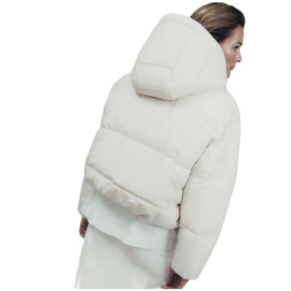 Zara Cream Puffer Jacket Hooded Zip Front Women’s Fleece lined Pockets Size M - Picture 2 of 11